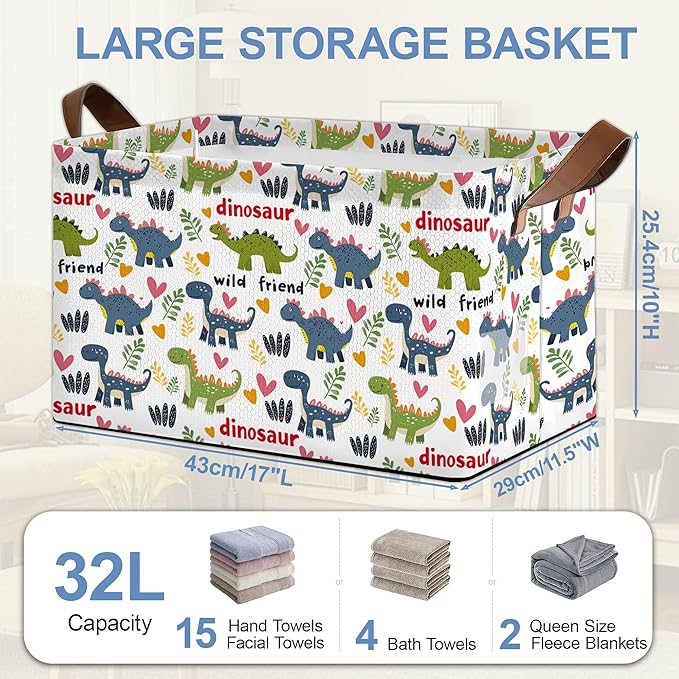 Cute Dinosaur Storage Basket,Fern Plant Collapsible Storage Bin Cubes for Living Room Bedroom Blankets Home Storage 17x11.5x10Inch