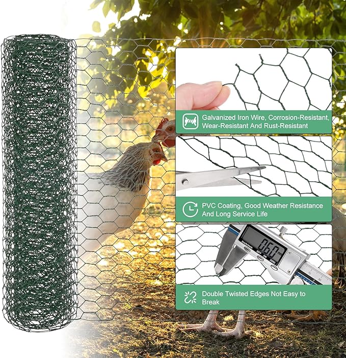 Chicken Wire for Floral Arrangements, 14 x 79 in Galvanized Iron Hexagonal PVC Coated for Crafts/Poultry/Garden, Chicken Wire Netting Fence Mesh [Green]