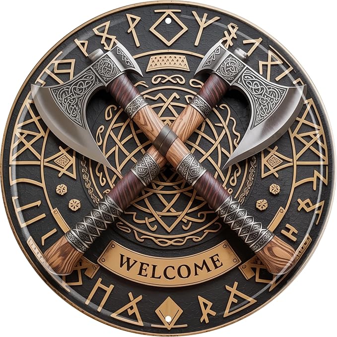 CSWLJS Vintage Round Metal Axe “WELCOME” Sign – 8x8″ Wall Decor for Home, Porch, Garage, Man Cave, Viking Lodge – Durable Indoor/Outdoor Gift
