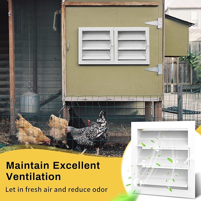 2 Pack Air Vent Louver for Chicken Coop, 12" x 12" Adjustable Chicken Coop Window with Screen Mesh, Metal Louvered Exhaust Grille for Ventilation of Poultry Habitat, Shed, Attic