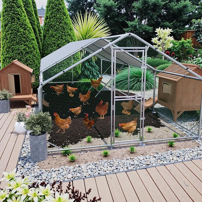 Large Metal Chicken Coop, 10x26x6.5FT Chicken Runs for Yard with Cover and Roosting Perch, Split Doors Walk in Chicken Coop
