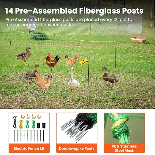 Poultry Netting Electric Fence, Electric Poultry Enclosure for Chickens, Ducks, Turkeys, 47.2" H x 164'L, PE Net Fencing Kit with Posts & Double-Spiked Stakes, Used in Backyards, Farms