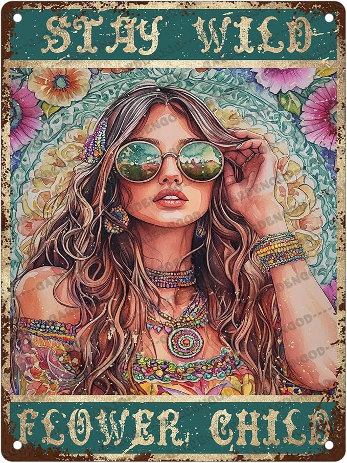 HARIKUIYIN Rustic Retro Metal Tin Sign Stay Wild Flower Child Girl Flowers Wall Art Metal Poster Home Wall Decoration Bar Office Kitchen Home Bedroom Courtyard Decoration Sign 16x12 Inch