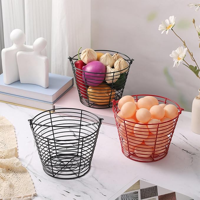 3 Pack 8 Inches Metal Mesh Wire Egg Collecting Basket with Handle Portable Garden Vegetable Fruit Storage Lightweight Hanging for Kitchen Farmhouse Gathering Picnic (Green)