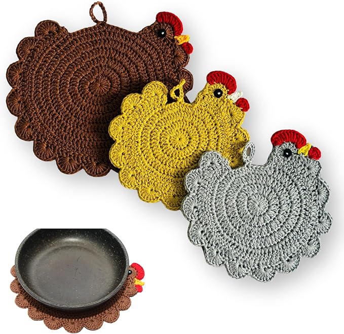 Handmade Crochet Chicken Trivets Set of 3, Chicken-Gifts, Valentine Gifts, Pot Holders, Heat Resistant Farmhouse Kitchen Home Decor, Cooking, Baking, Cute Desk Accessories, Tabletop Protection