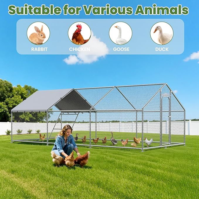 Large Metal Chicken Coop with Waterproof and UV-Resistant Cover,Chicken Run Outdoor Walk-in Cage Rabbit Duck Hen House for Yard Farm Use Spire Roof(10' L x 14.8' W x 6.4' H)