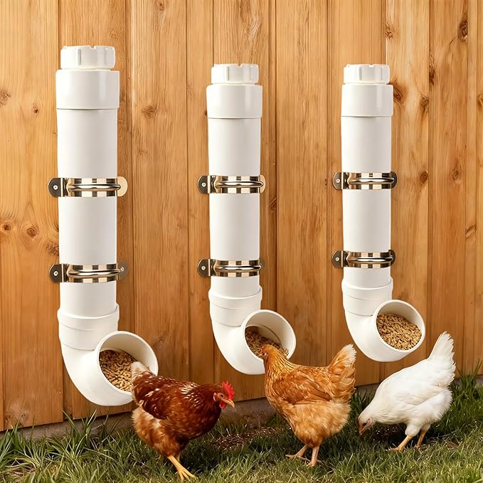 HOMAR 3PC Automatic Chicken Feeder - No Waste, 6lb Large Capacity Heavy Duty Rat Proof PVC Pipe Hanging Gravity Feeder for Chicken Coop Poultry Long Feeding