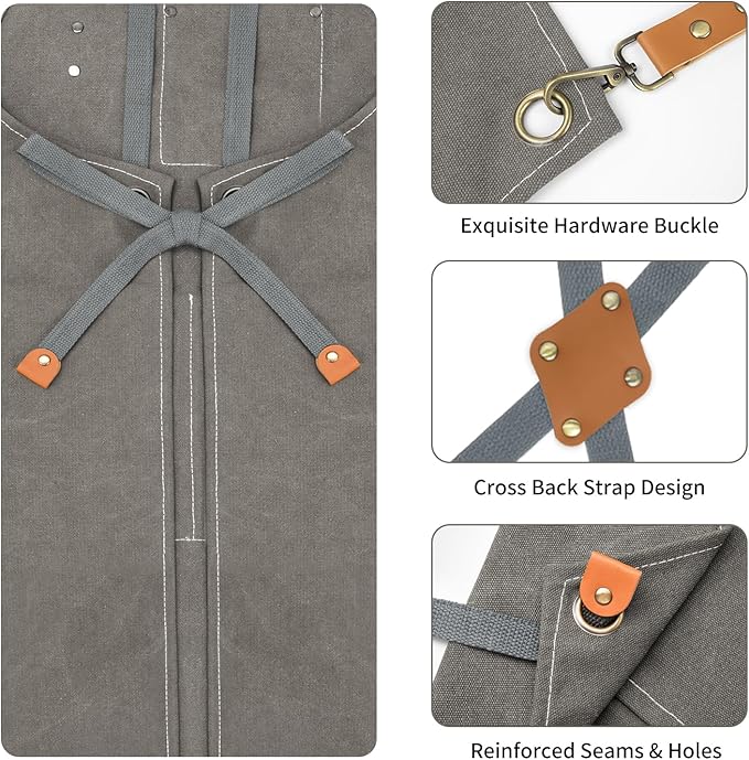 AOLEBA Aprons for Men & Women,Canvas Chef Apron with Cross Back Adjustable,For Kitchen, Garden, Cafe, Gifts for Dad Father Men, M-XXL (Grey Brown)
