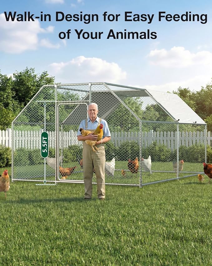 Esright Metal Large Chicken Coop Run for Yard with Cover, 13x10x6.4 FT Walk-in Chicken Pen for Outdoor, Backyard, and Farm, Hen Cage House Suitable for 8-12 Chickens, Flat Roof