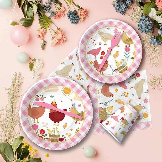 Chicken Party Decorations Tableware for Birthday Baby Shower, Farm Animal Barnyard Little Chick Birthday Party Supplies, Plate, Cup, Napkin, Straws, Disposable Cutlery, Tablecloth, 24 Guests