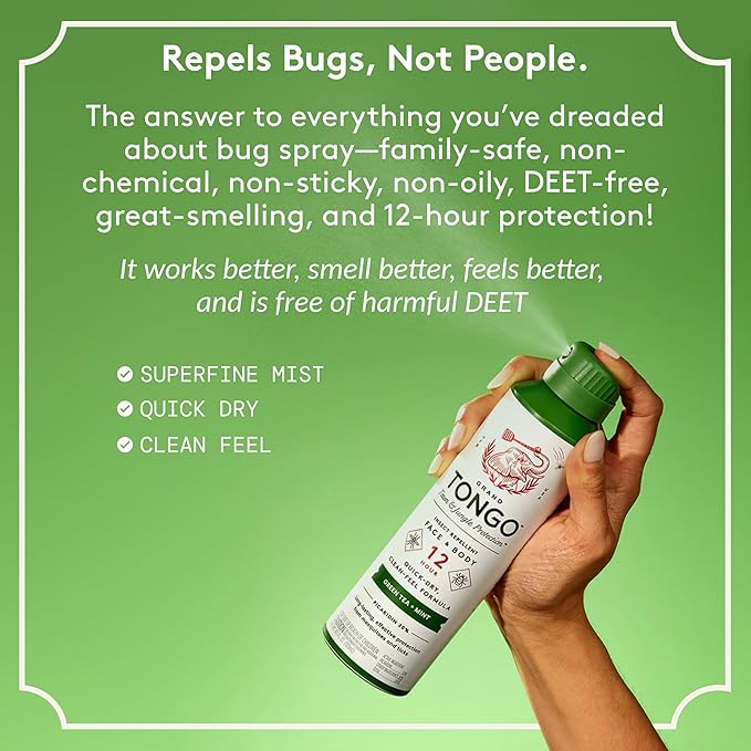 Green Tea + Mint Insect Repellent, 12-Hour Mosquito & Tick Protection, Picaridin-Based, Water-Based, Lightweight, Quick-Drying, Vanishing Scent, DEET Alternative, Face & Body Use, 3 Pack