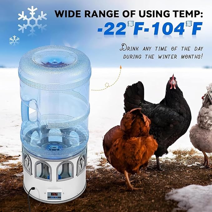 5 Gallon/18.9L Chicken Waterer for Winter, 110V 80W Heated Chicken Waterer, Temp Controlling (0-50℃) & LED Display for Chickens, Ducks, Geese and Chicken Coop with 9.84ft Power Cord