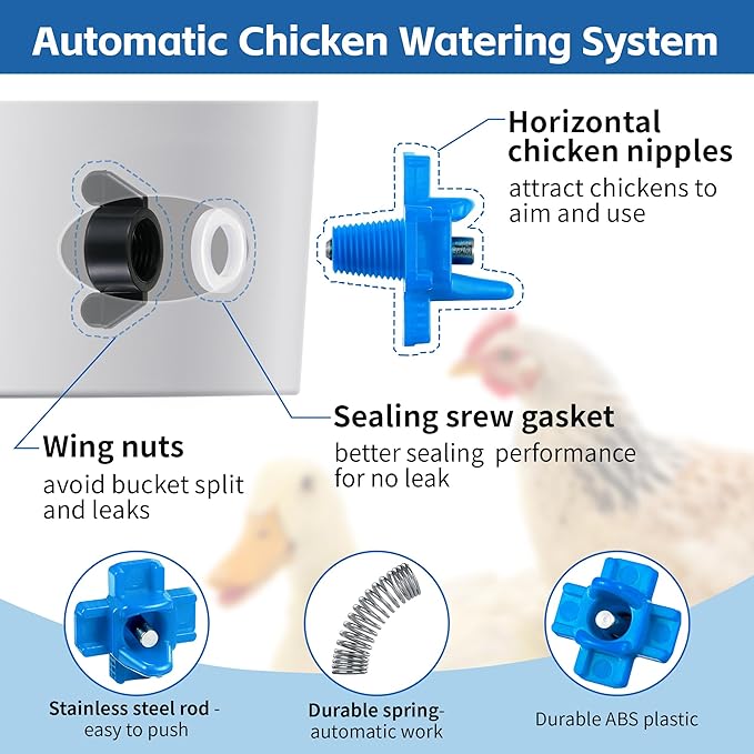 Dreyoo 12 Pcs Horizontal Chicken Waterer Nipples, Automatic Poultry Nipple Waterer with Drill Bits for Bucket Chicken Feeders, Non Leak Chicken Waterer Kit for Chicken Coop Outdoor