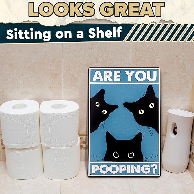 Are You Pooping Sign - Funny Cat Bathroom Sign with Anti-Rust Coating 12 x 8 Inch - Black Cat Decor for Home, Metal Wall Plaque for Toilet Decor, Cat Wall Art – Humorous Farmhouse Funny Bathroom Art
