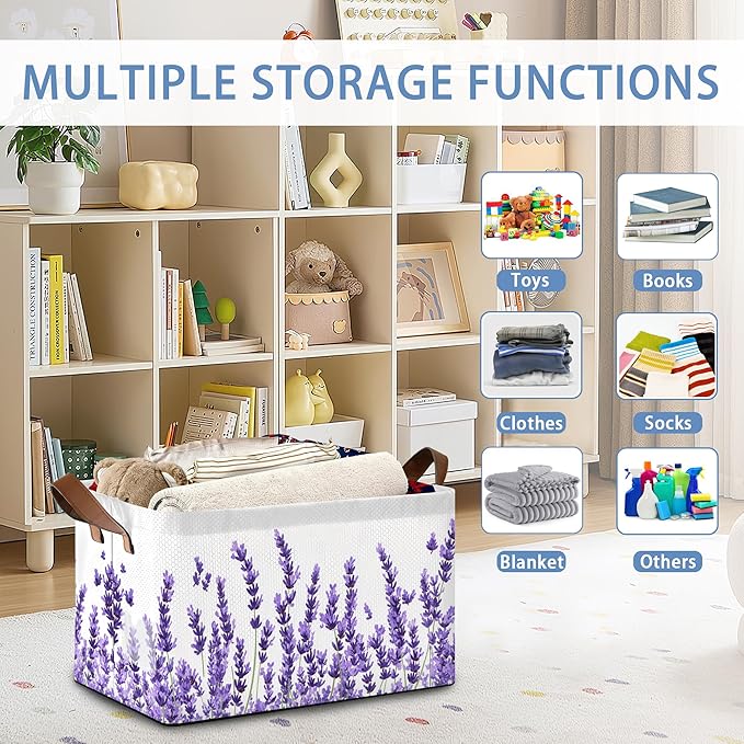 Lavender Storage Baskets,Foldable Organizer Bin with Handles for Home Living Room Bedroom Closet Box 17x11.5x10Inch