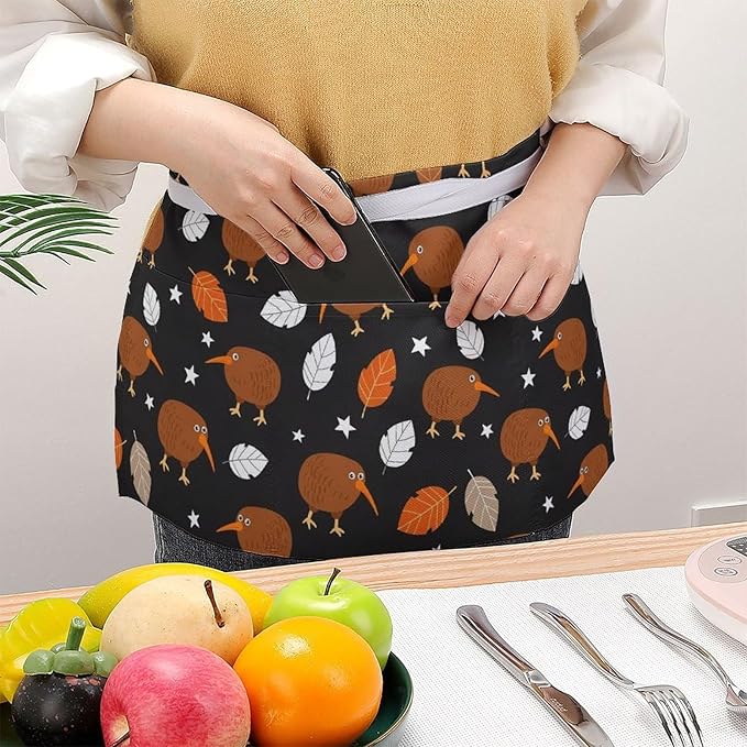 Unisex Apron for Cooking Server Waitress Half Waist Apron with 3 Pockets