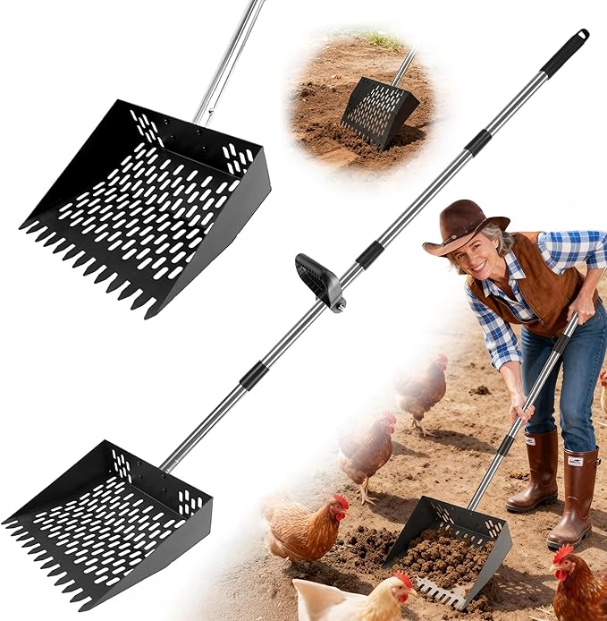 2-in-1 Chicken Poop Scooper & Rake, Ergonomic D-Grip, 31-77" Adjustable Stainless Steel Handle, Sturdy Easy-Clean Shovel for Chicken Coops, Sandy Areas & Most Surfaces