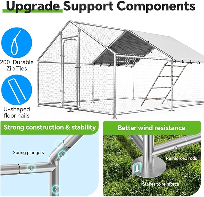 Large Metal Chicken Coop with Roosting Perch, Waterproof and UV-Resistant Cover, Outdoor Walk-in Cage Hen House for Yard Farm Rabbit Duck Chicken Run, Spire Roof (10’ W x 13.2’ L x 6.4’ H)