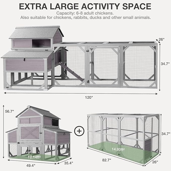 Extra Large Chicken Coop with Run, Outdoor 2-Tier 120"L Wooden Walk-in Chicken House for 6-8 Chickens, Poultry Hutch with 6 Nesting Boxes & Perches, Weatherproof Roof, Removable Leakproof Tray
