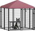 PawHut 4.6' x 4.6' x 5' Outdoor Dog Kennel, Welded Wire Dog Kennel Outside Run with 360° Rotating & 4 Level Adjustable Bowls, Waterproof & UV Resistant Cover, for S&M Breeds, Chickens, Ducks, Red
