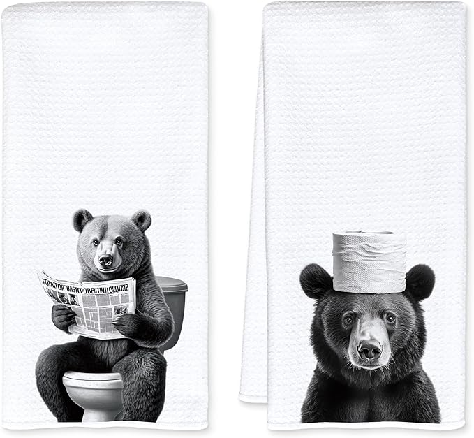 Funny Toilet Newspaper Black Bear Hand Towels, Wild Animal Hand Towels for Bathroom Washroom Restroom, Bear Bathroom Decor, 16x24 Inch Set of 2
