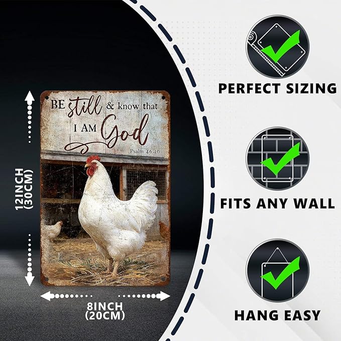 Chicken Signs Rooster Kitchen Decor Be Still And Know That I Am God Tin Signs Vintage Coop Metal Decor Rustic Wall Art For Home Farmhouse Farm Room Poultry House Outdoor Yard Cafe 12 * 8 In