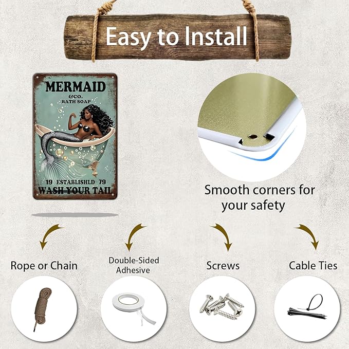 Funny Mermaid Sign Company Bath Soap Metal Signs Wash Your Tail Mermaid Wall Decor Retro Poster for Room Living Room Bathroom Toilet Hotel 12x8 Inch