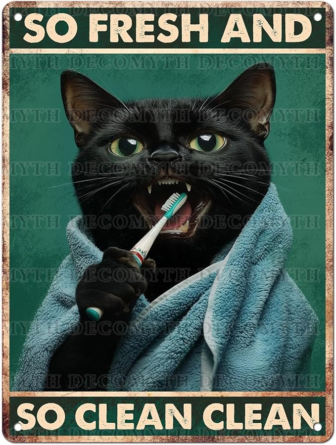 Vintage Black Cat Tin Sign So Fresh And So Clean Clean Retro Wall Decor Decorations for Home Funny Cats Lovers Poster Indoor Store Cafe Toilet Bathroom Restroom Bar Pubs Farmhouse 12 * 16inch