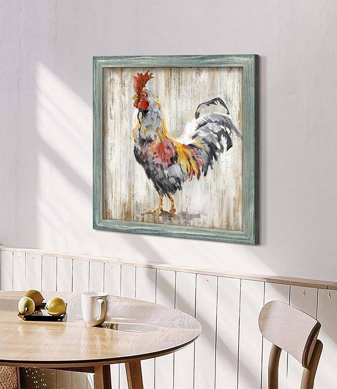 Rustic Wall Art Farmhouse Picture: Chicken Wooden Framed Print Rooster Farm Kitchen Painting Decor Vintage Country Animal Artwork for Home Living Room Bedroom 24 x 24 Inches