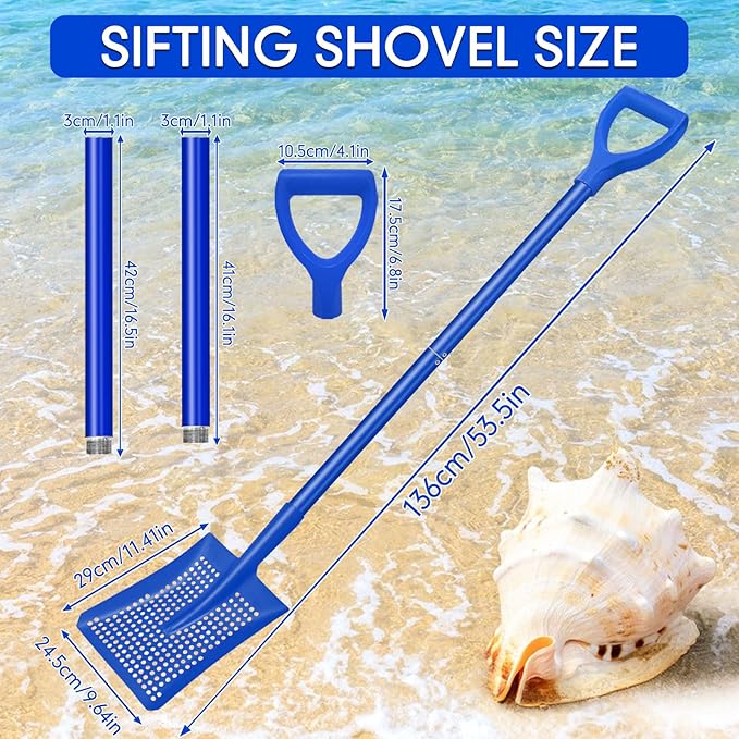 Sifting Shovel, Heavy Duty Metal Sand Sifter for The Beach, 53.5" Long Sand Sifter Shovel for Beach Fun, Chicken Coop, Farm Goat Stall Sand Poop Cleaning, with Ergonomic D-Grip Handle (Blue)