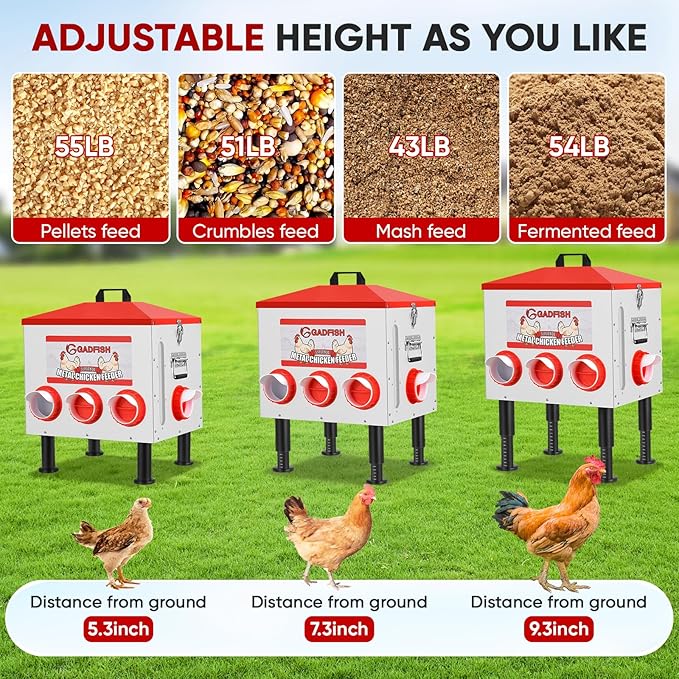 GADFISH 55 lbs Large Capacity Automatic Chicken Feeder - 8 Feeding Ports, No Waste Chicken Feeder, Height-Adjustable Legs & Secure Locking Lid for Chickens, Ducks & Poultry