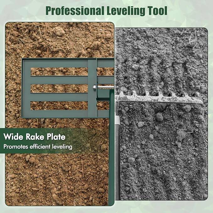 Happygrill Lawn Leveling Rake, Heavy Duty Lawn Level Tool for Soil w/67” Handle, Dirt Ground Leveler, Effort-Saving Landscape Rake for Garden, Backyard, Golf Course, Farm, Pasture (30" x 10", Green)