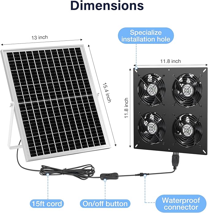 Solar 4 Fan Kit, Waterproofed Solar Powered Fans for Outdoor Chicken Coop, Greenhouse & Shed Intake or Exhaust Air