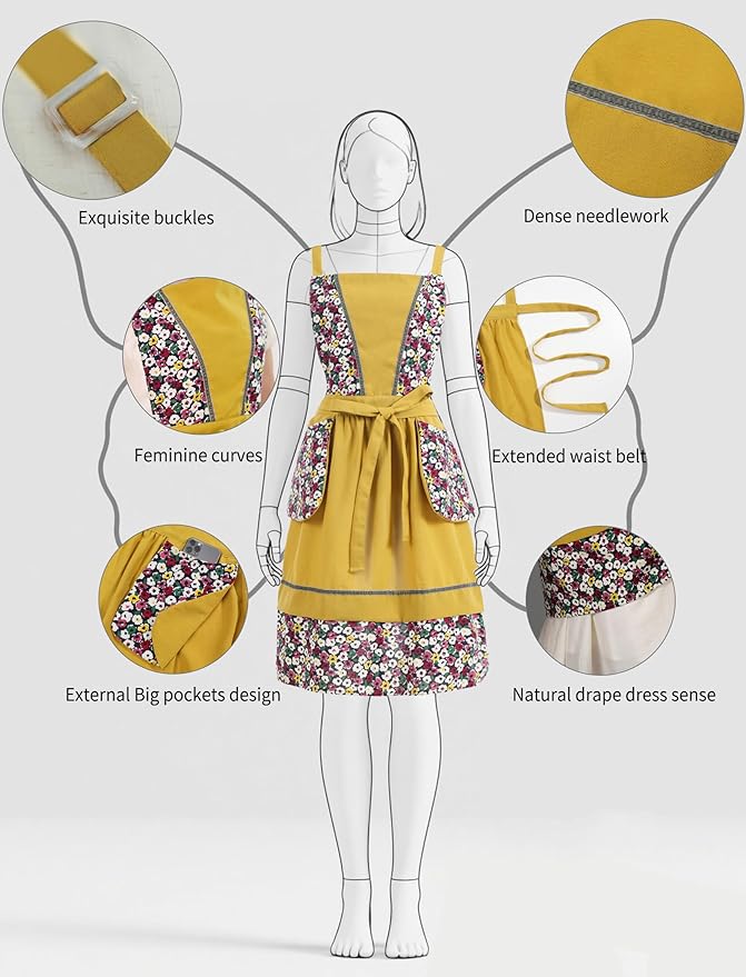 Kitchen Aprons for Women with Pockets Cute Vintage Chef Pinafore Apron for Gardening Cooking Baking Painting