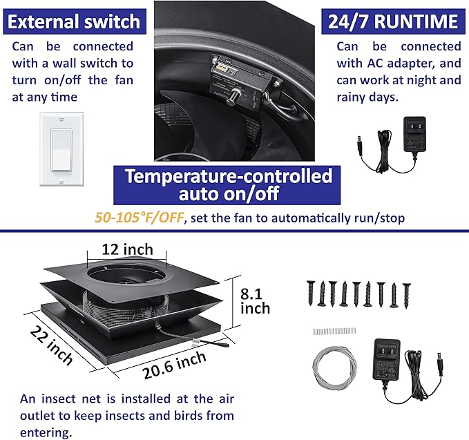 Smart Hybrid Solar Attic Exhaust Fan Pro–USA Engineered with German Tech, 2850 CFM 50W Solar Panel, 40-104℉ Thermostat, Cool & Dehumidify up to 4000 ft². Weatherproof Roof Vent for Home, Shed