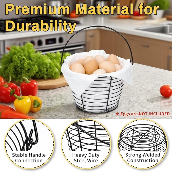 2 Pcs Metal Egg Basket with Soft Pads, 8 Inch Wire Egg Basket for Gathering Fresh Eggs, Eggs Collecting Baskets for Chicken Duck Goose