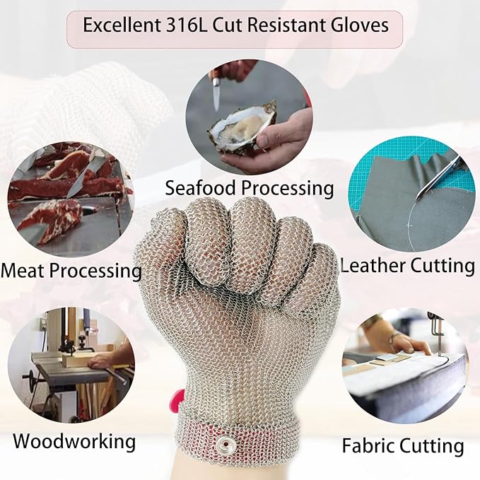 Cut Resistant Stainless Steel Metal Mesh Glove, Food Grade Chainmail Glove for Cutting, Butcher Gloves for Oyster Shucking Fish Filleting Food Processing Leather Cutting (Medium (Pack of 1))