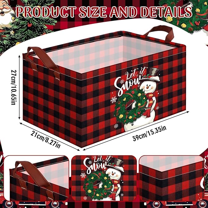 CHENGU 6 Pack Christmas Storage Basket Collapsible Christmas Basket for Gifts Buffalo Plaid Holiday Decor Large Snowman Bin Foldable Xmas Tree Box with Handle for Bedroom Office Home