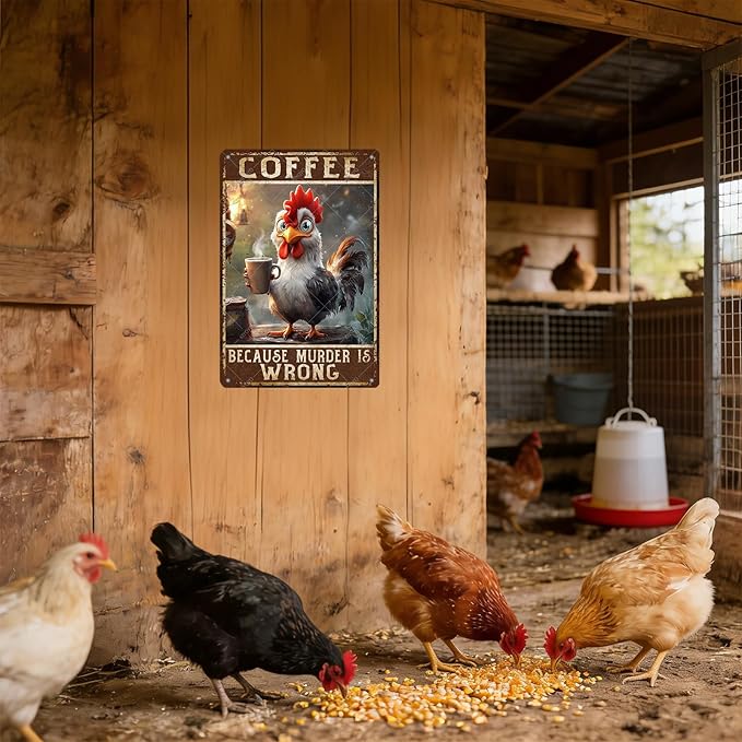 Chicken Coffee Because Murder Is Wrong Vintage Metal Tin Sign Rustic Farmhouse Wall Decor for Kitchen Cafe Barn Country Home Retro Iron Art Plaque 12x8 Inch