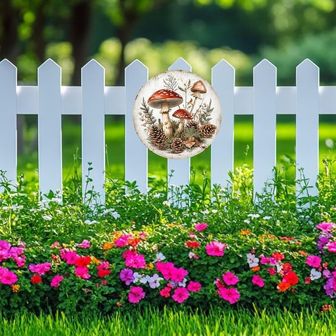 Funny Mushroom Rustic Round Garden Metal Signs Vintage Tin Sign Retro Wall Wreath Decor for Home Garden Yard Bar Cafe Farmhouse Garage Indoor Outdoor 8 Inch