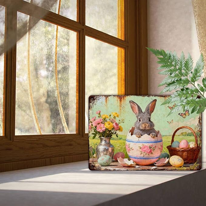 YoyaVex Vintage Easter Bunny Metal Sign Cute Rabbit Design Rustic Farmhouse Wall Art For Home Garden Outdoor Bar Cafe Decor Holiday Renovation 8X12Inch
