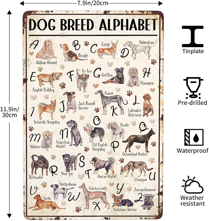 JOCASA Dog Breed Alphabet Vintage Metal Poster Sign Decor-Retro Aluminum Metal Tin Sign for Home Wall Decor, Garden, Bedroom, Signs Gift,12''x 8''