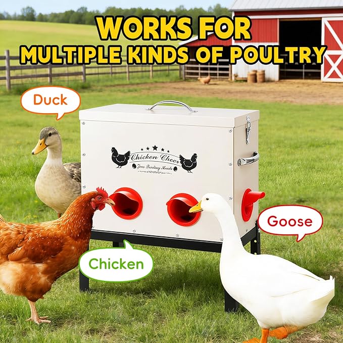 DRQ 30 LB Automatic Chicken Feeder, Metal Chick Feeder with 6 No-Waste Ports, Waterproof Poultry Feeder with Adjustable Legs, Locking Lid & Riveted Handles for Outdoor Chicken Coops