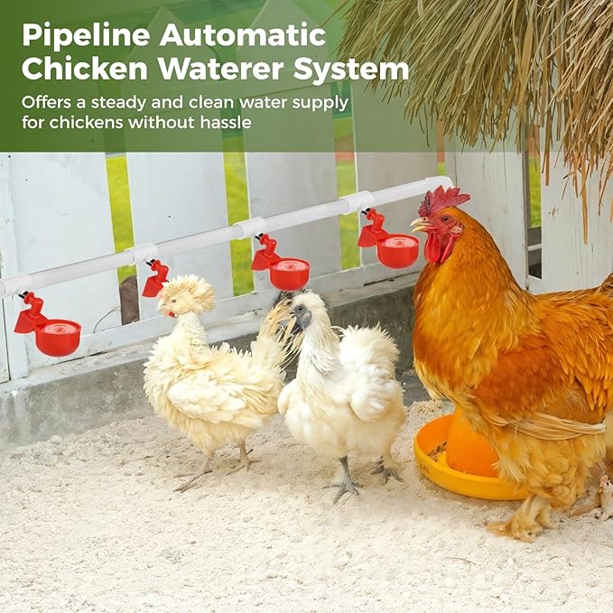 Pipeline Automatic Chicken Waterer System, Automatic Chicken Watering Complete PVC Pipelines Set with 8 Deep Drinking Cups, T Connectors, Float Valve, Auto Pipe Feeder Poultry Watering Kit