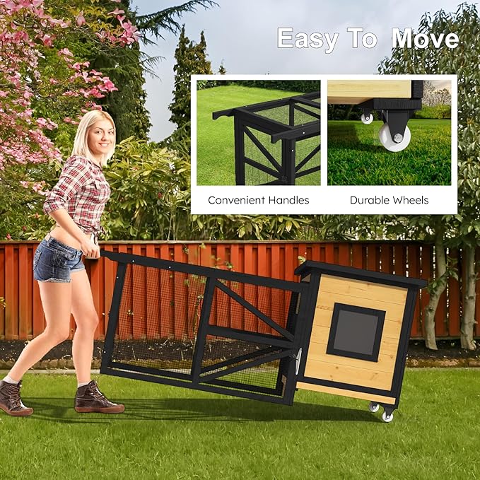 71'' Chicken Coop, Chicken House for Outside, Outdoor Duck Coop, Wooden Mobile Chicken Coops with Run & Waterproof Asphalt Roof, Wheels, Removable Tray and Hanging Chicken Feeder