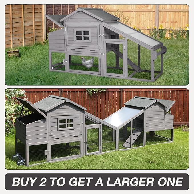 Chicken Coop Expandable Chicken House for Outdoor with Wheels, Leakproof Pull-on Tray, Nesting Box, and UV-Resistant Roof Panel - Grey