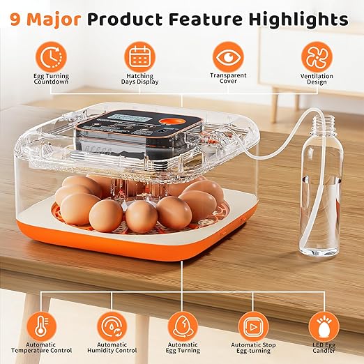 Incubators for Hatching Eggs 12 Egg Digital Egg Incubator Precision Auto Temp Humidity Control 6 Gear Adjustable Auto Turner Auto Stop Turning Hatching Days Display for Chicken Duck Goose Eggs