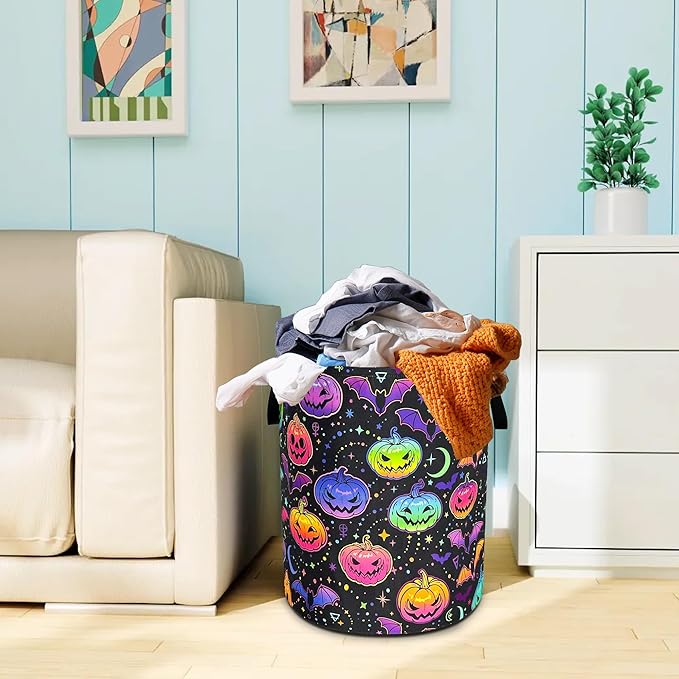 Pumpkin Bat Gothic Laundry Basket Oxford Cloth Funny Laundry Hamper With Handle Foldable Portable Clothes Storage Basket 18.9 X 16.5 In Storage Bag For Laundry Room/Bathroom/Bedroom/Dormitories