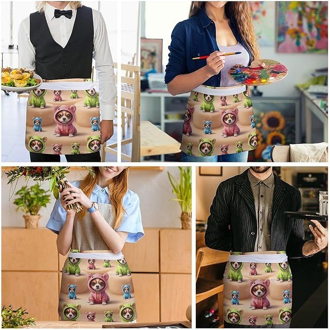 Unisex Apron for Cooking Server Waitress Half Waist Apron with 3 Pockets
