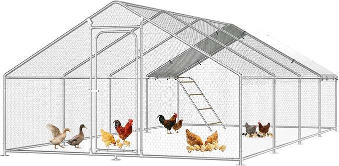Large Metal Chicken Coop Run with Roosting Perch– Outdoor Waterproof & UV-Resistant Cover for Chickens, Ducks, Rabbits, and Hens in Yard or Farm Use Spire Roof(13.1'Wx26.2'Lx 6.5'H)